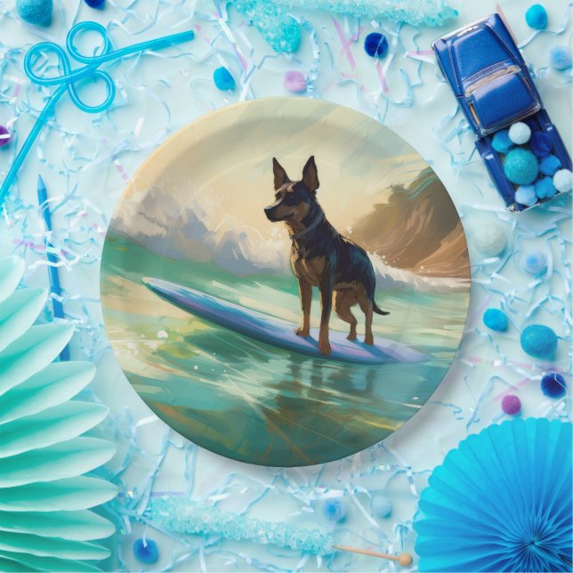 Australian Kelpie Beach Surfing Painting Pappteller (Party)