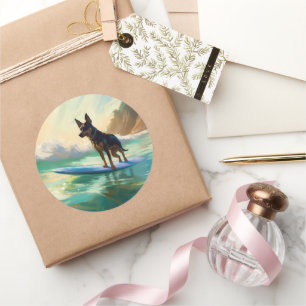 Australian Kelpie Beach Surfing Painting Runder Aufkleber