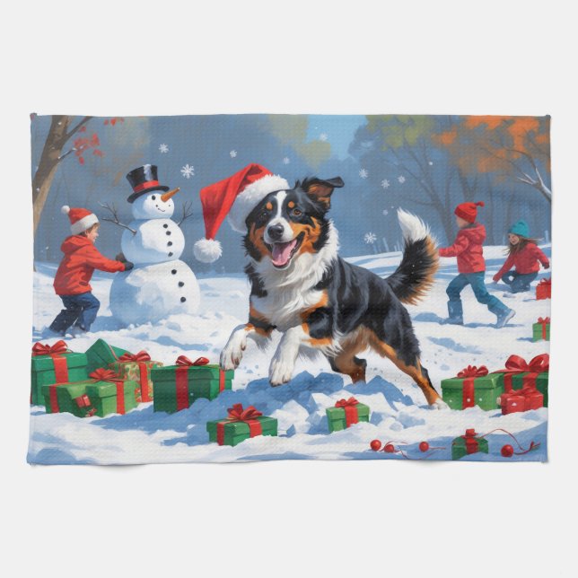 Australian Kelpie Christmas Festive Snow Scene Geschirrtuch (Horizontal)