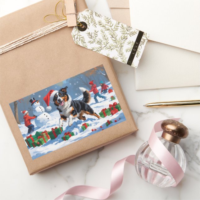 Australian Kelpie Christmas Festive Snow Scene Rechteckiger Aufkleber (Schenken)