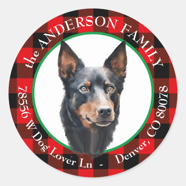 Australian Kelpie Dog Buffalo Karierte Rücksendead Runder Aufkleber (Vorderseite)