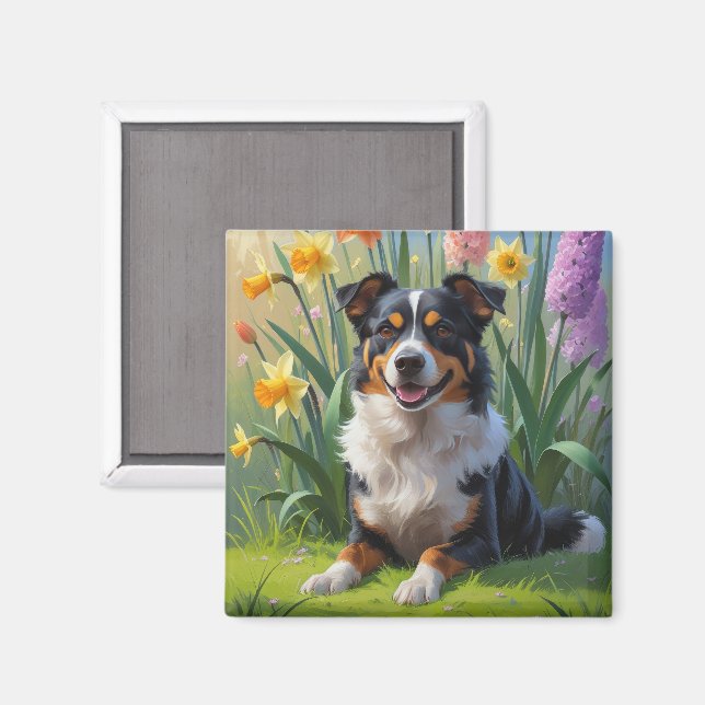 Australian Kelpie Dog Spring Flowers Malerei Magnet (Vorderseite/Rückseite)