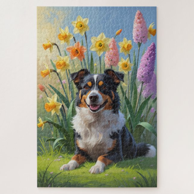 Australian Kelpie Dog Spring Flowers Malerei Puzzle (Vertikal)