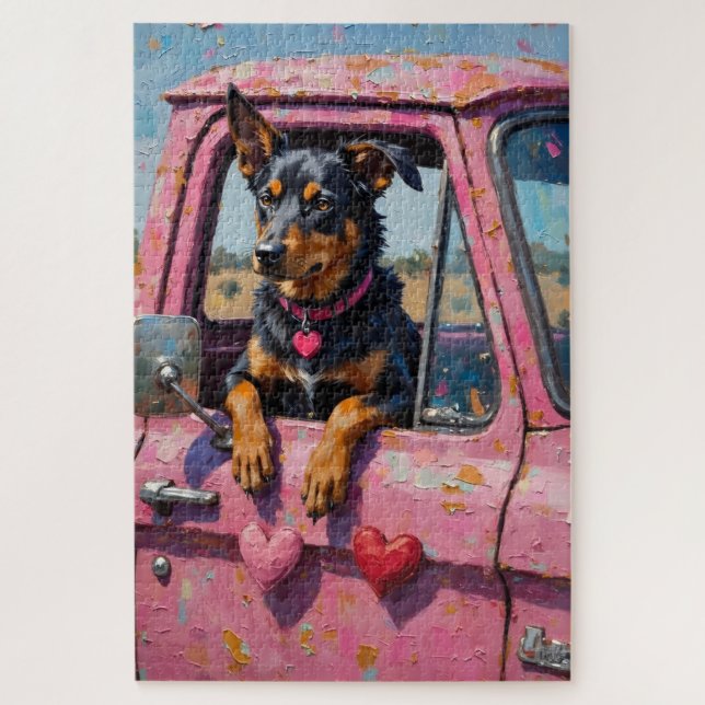 Australian Kelpie Dog Valentine's Day Pink Ute Puzzle (Vertikal)
