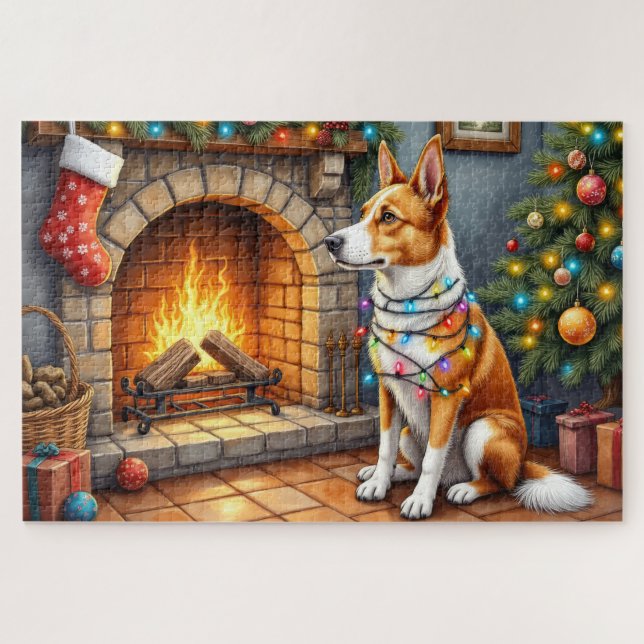 Australian Kelpie Fireplace with Christmas Lights Puzzle (Horizontal)