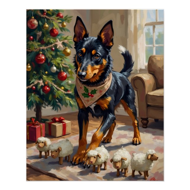 Australian Kelpie Herding Christmas Art Poster (Vorderseite)
