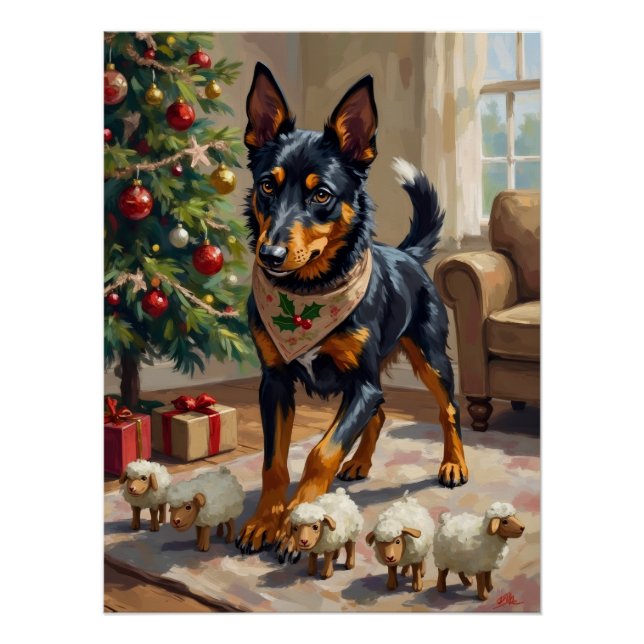 Australian Kelpie Herding Christmas Art Poster (Vorderseite)