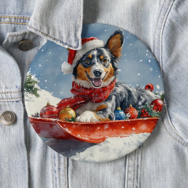 Australian Kelpie in Sledge Let it Snow Christmas Button (Beispiel)
