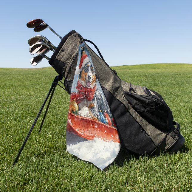 Australian Kelpie in Sledge Let it Snow Christmas Golfhandtuch (Gras)