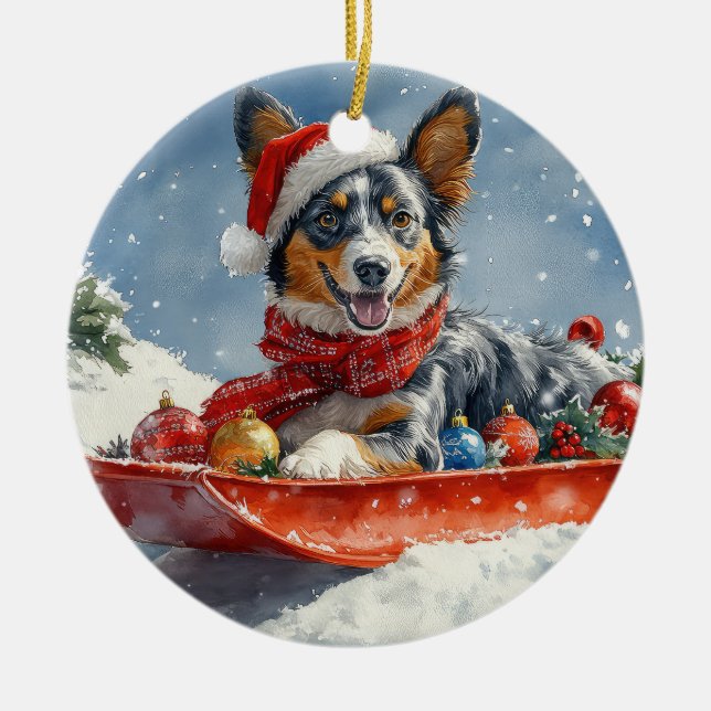 Australian Kelpie in Sledge Let it Snow Christmas Keramik Ornament (Vorne)
