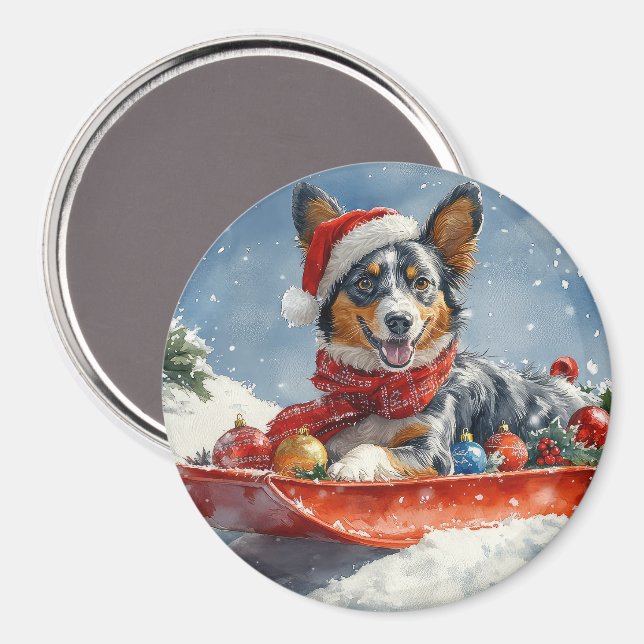 Australian Kelpie in Sledge Let it Snow Christmas Magnet (Vorderseite/Rückseite)