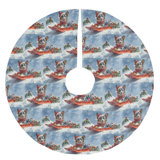 Australian Kelpie in Sledge Let it Snow Christmas Polyester Weihnachtsbaumdecke (Vorderseite)
