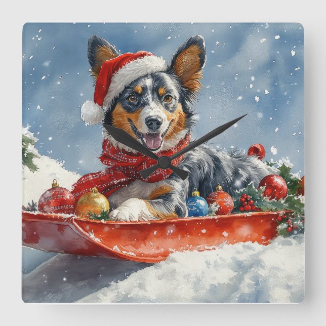 Australian Kelpie in Sledge Let it Snow Christmas Quadratische Wanduhr (Vorderseite)
