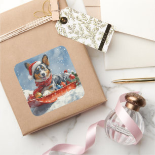 Australian Kelpie in Sledge Let it Snow Christmas Quadratischer Aufkleber