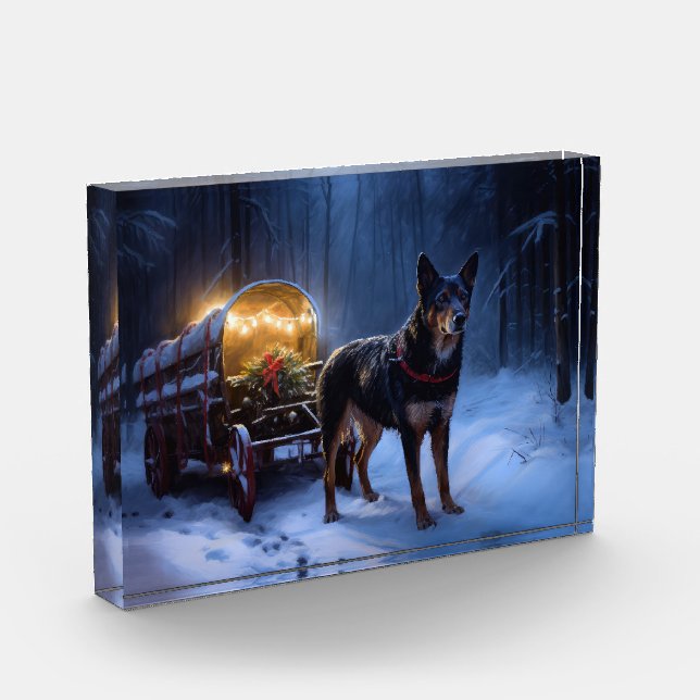 Australian Kelpie Snowy Sleigh Weihnachtsdekor Fotoblock (Links)