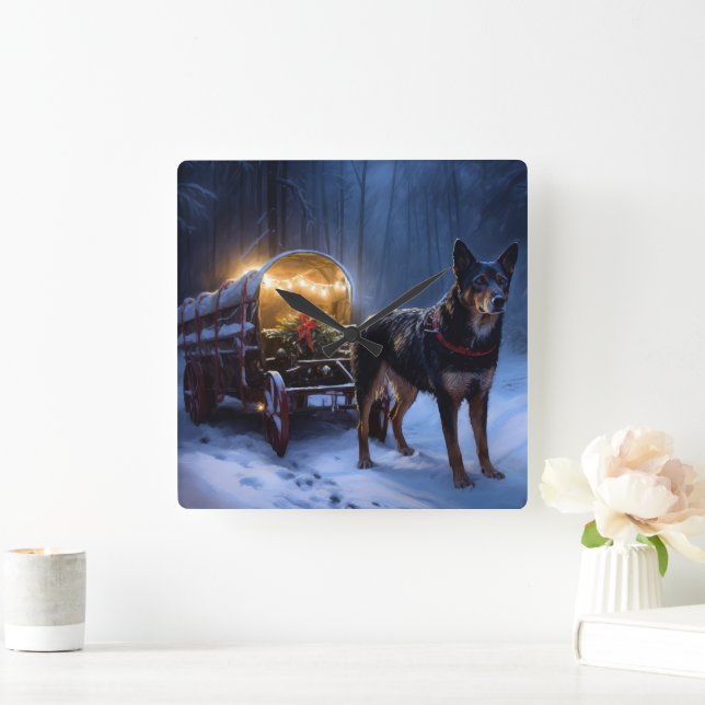 Australian Kelpie Snowy Sleigh Weihnachtsdekor Quadratische Wanduhr (Zuhause)