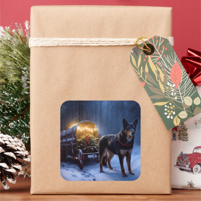Australian Kelpie Snowy Sleigh Weihnachtsdekor Quadratischer Aufkleber (Feiertag)