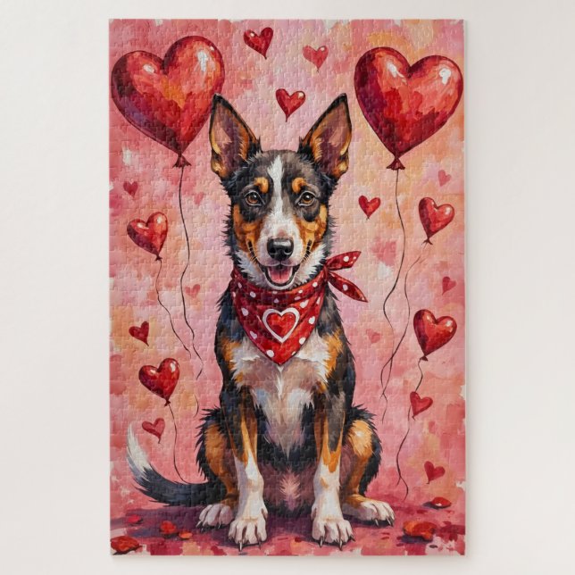 Australian Kelpie Valentine Dog Art with Hearts Puzzle (Vertikal)