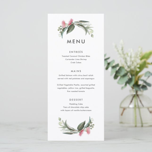 Australian Native Gum Blossom Wedding Menu Menükarte (Stehend Vorderseite)