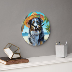 Australian Shepherd am Strand Hunde-Liebhaber Somm Große Wanduhr