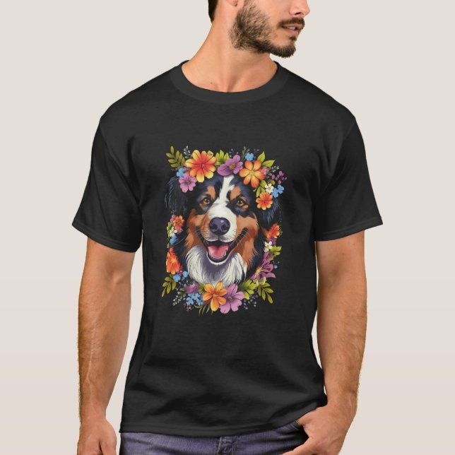 Australian Shepherd Aussie with Flower Crown Retro T-Shirt (Vorderseite)