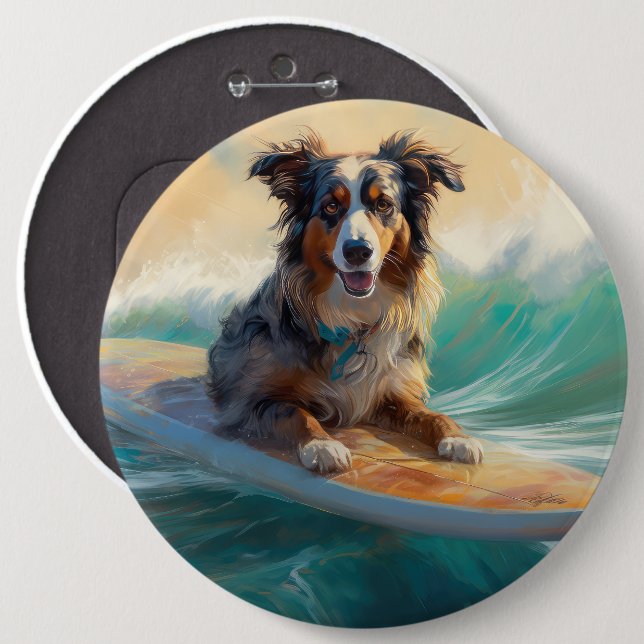 Australian Shepherd Beach Surfing Painting Button (Vorne & Hinten)