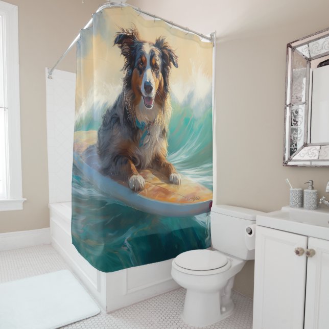 Australian Shepherd Beach Surfing Painting Duschvorhang (Beispiel)