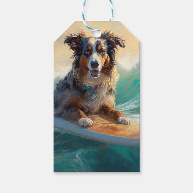 Australian Shepherd Beach Surfing Painting Geschenkanhänger (Vorderseite)