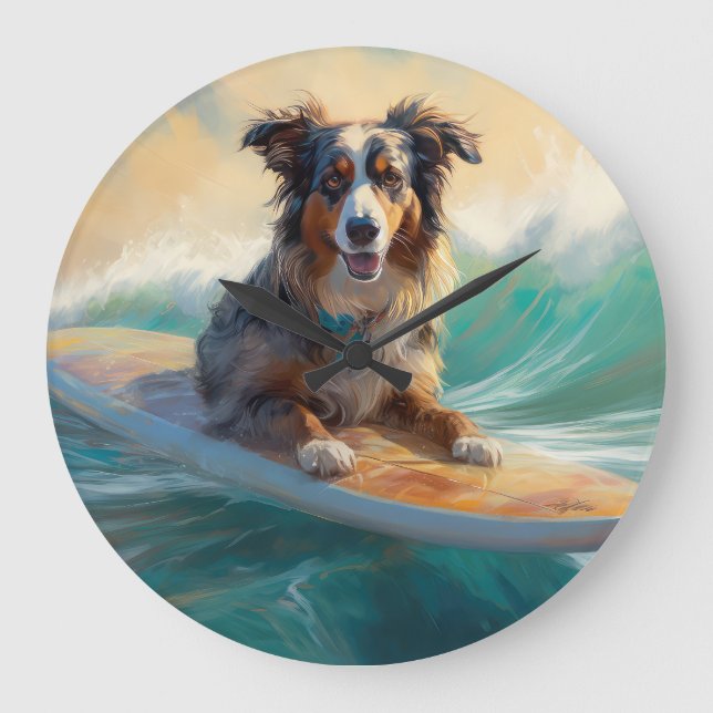 Australian Shepherd Beach Surfing Painting Große Wanduhr (Vorderseite)