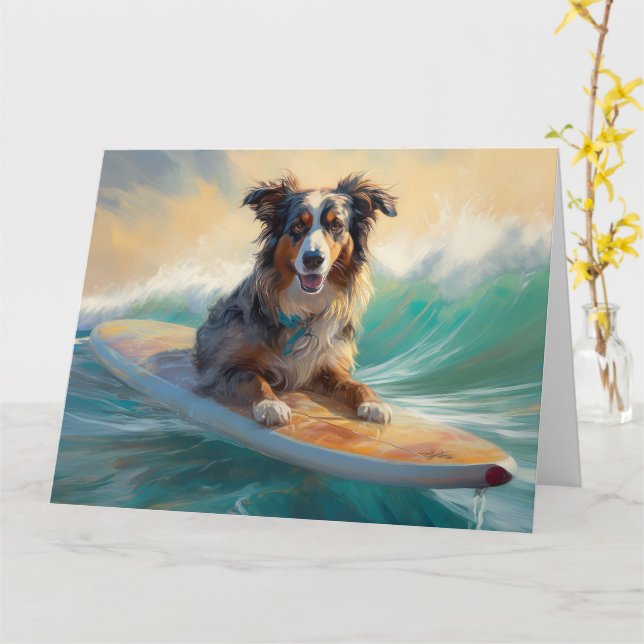 Australian Shepherd Beach Surfing Painting Karte (Gelbe Blume)