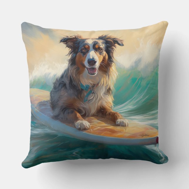 Australian Shepherd Beach Surfing Painting Kissen (Rückseite)