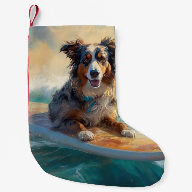 Australian Shepherd Beach Surfing Painting Kleiner Weihnachtsstrumpf (Vorderseite)