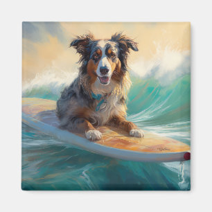 Australian Shepherd Beach Surfing Painting Magnet