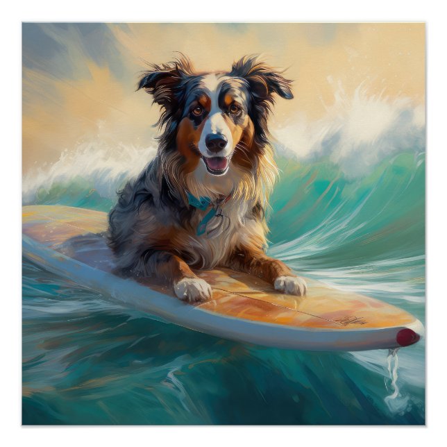 Australian Shepherd Beach Surfing Painting Poster (Vorderseite)