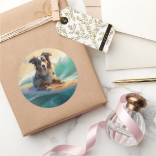 Australian Shepherd Beach Surfing Painting Runder Aufkleber