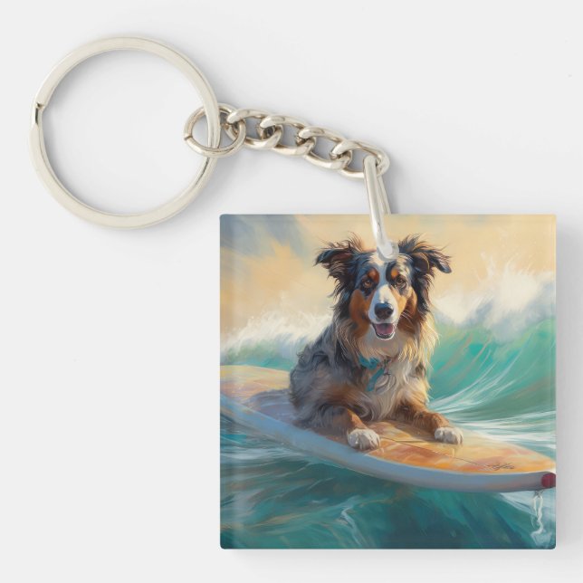 Australian Shepherd Beach Surfing Painting Schlüsselanhänger (Vorderseite)