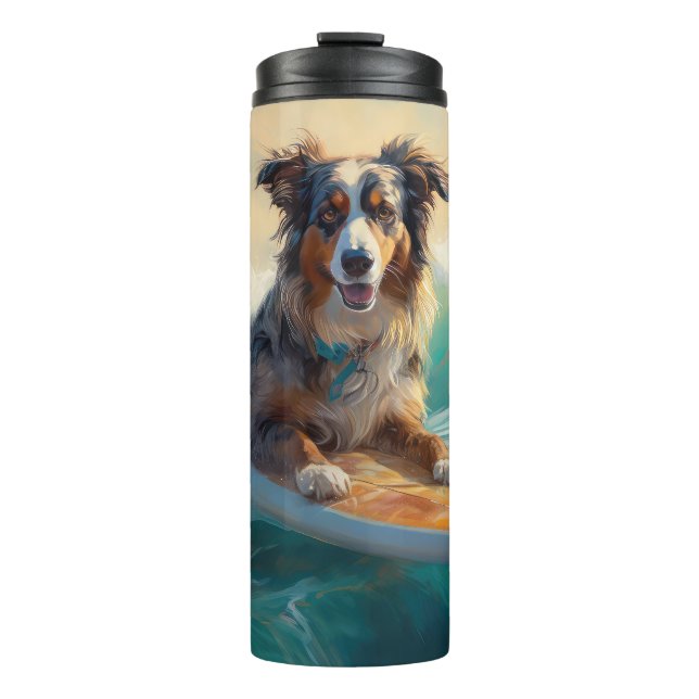 Australian Shepherd Beach Surfing Painting Thermosbecher (Vorderseite)