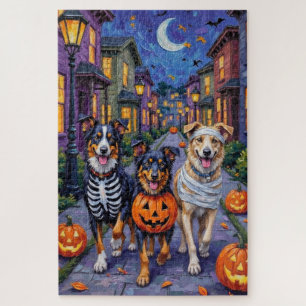 Australian Shepherd beim Trick-or-Treat an Hallowe Puzzle