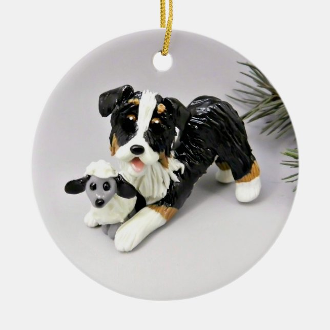 Australian Shepherd Black and Tan Tricolor Keramik Ornament (Vorne)
