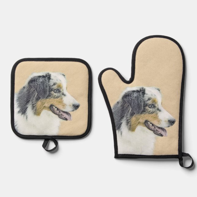 Australian Shepherd Black Tri Painting Dog Art Ofenhandschuh & Topflappen-Set (Vorderseite)
