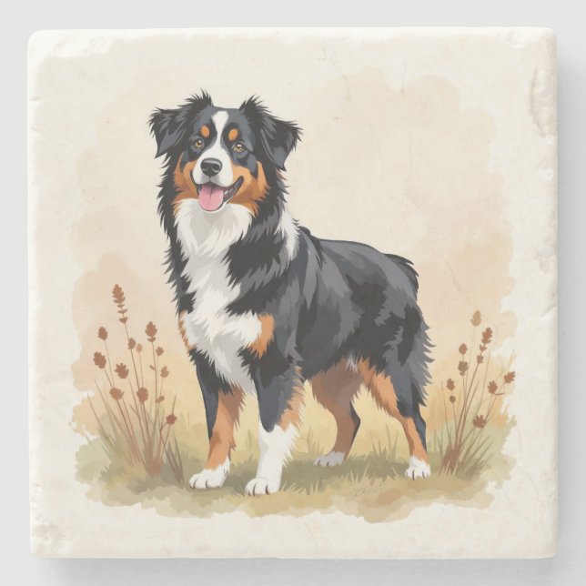Australian Shepherd Black Tricolor Aussie Dog Steinuntersetzer (Vorderseite)