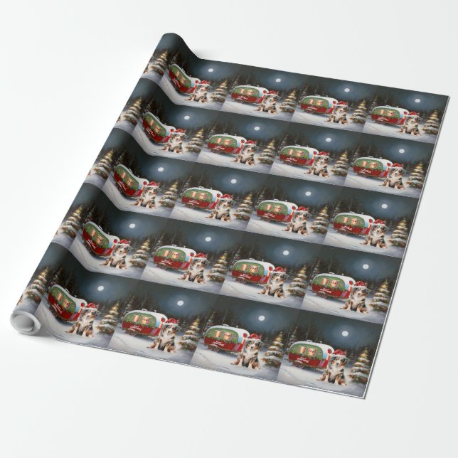 Australian Shepherd Caravan Christmas Adventure Geschenkpapier (Ungerollt)