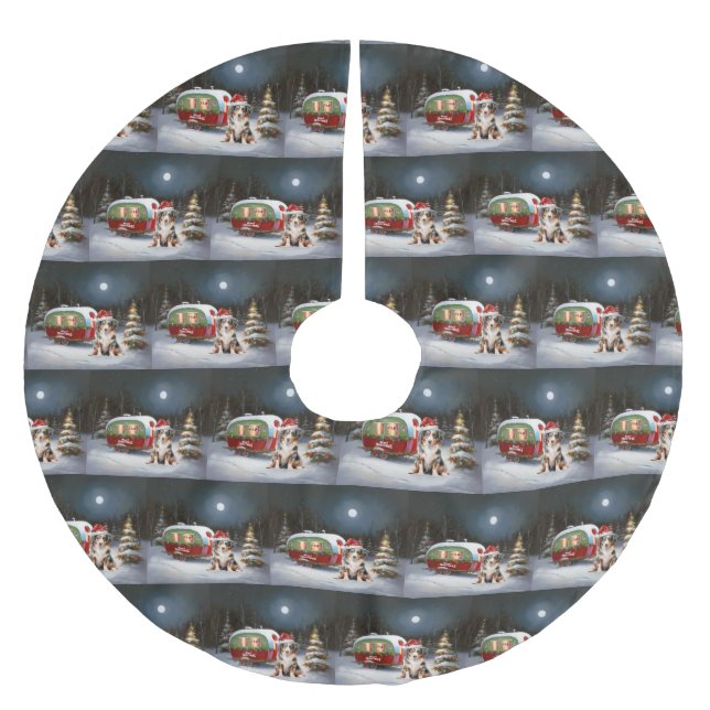 Australian Shepherd Caravan Christmas Adventure Polyester Weihnachtsbaumdecke (Vorderseite)