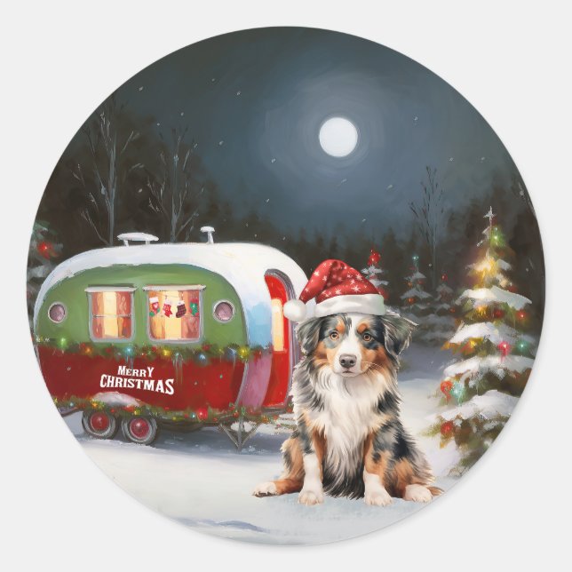 Australian Shepherd Caravan Christmas Adventure Runder Aufkleber (Vorderseite)