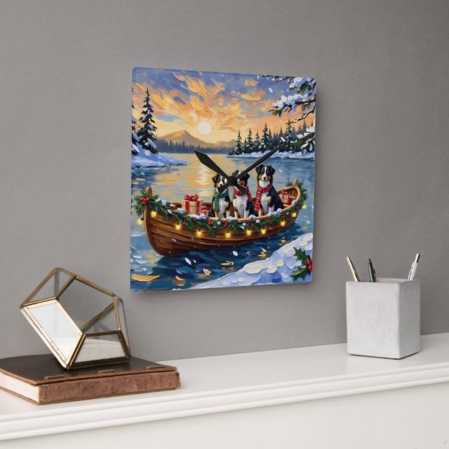 Australian Shepherd Christmas Boat Holiday Quadratische Wanduhr (Büro)