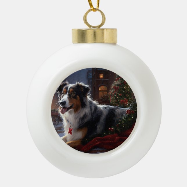 Australian Shepherd Christmas Festive Season Keramik Kugel-Ornament (Vorderseite)
