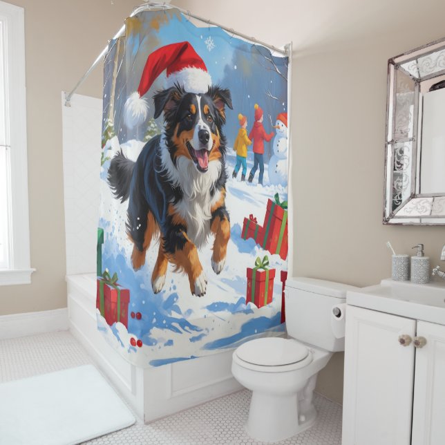 Australian Shepherd Christmas Festive Snow Scene Duschvorhang (Beispiel)