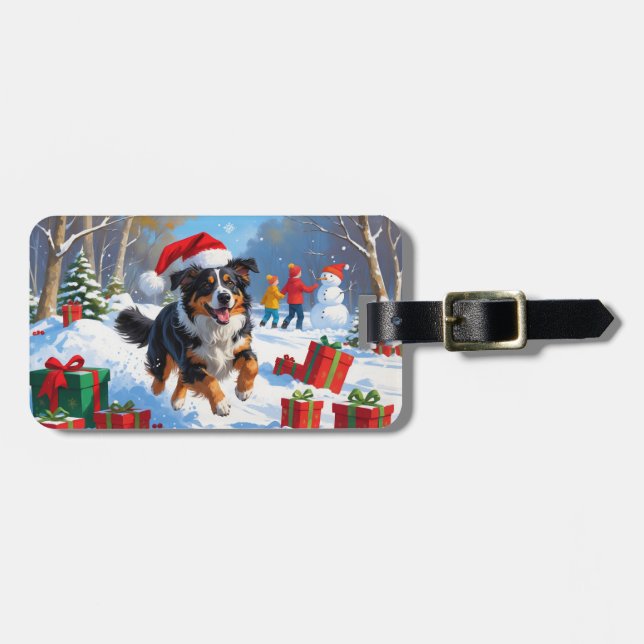Australian Shepherd Christmas Festive Snow Scene Gepäckanhänger (Vorderseite horizontal)