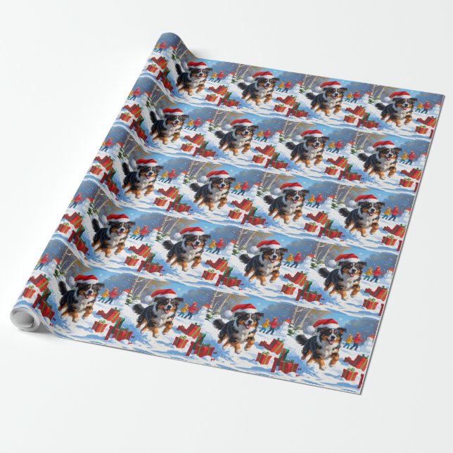 Australian Shepherd Christmas Festive Snow Scene Geschenkpapier (Ungerollt)
