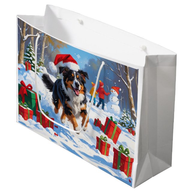 Australian Shepherd Christmas Festive Snow Scene Große Geschenktüte (Vorderseite Schrägansicht)